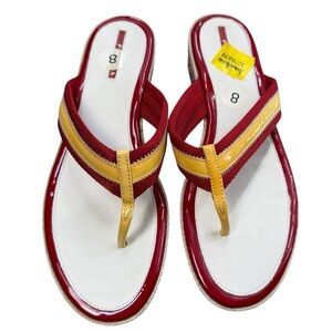 Prada Women’s 8 Chunk Heel Flip Flip Sandal Red Yellow Stripe Coastal Preppy NWT
